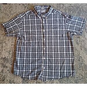 Columbia Shirt Mens XL Short Sleeve Gray White Plaid Button Up